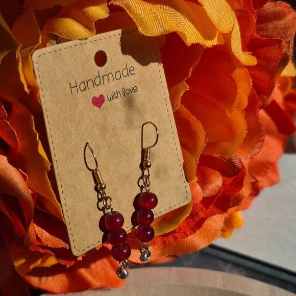 Handmade Short Red Bead Earrings - Picture 2 of 3